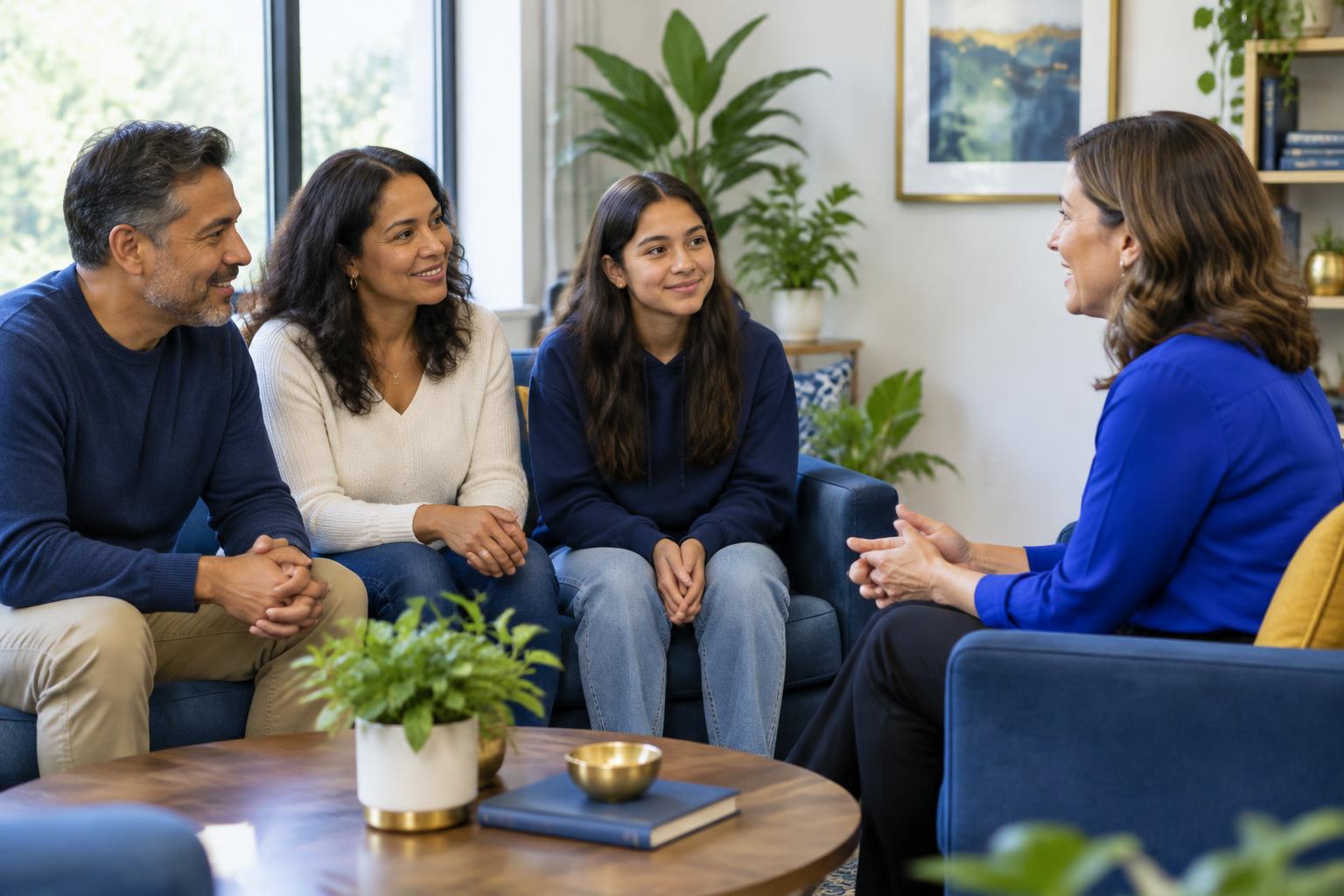 A family talking with a counselor in a welcoming setting