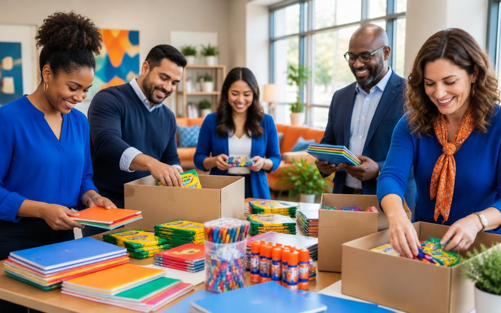 Community volunteers preparing educational supplies together