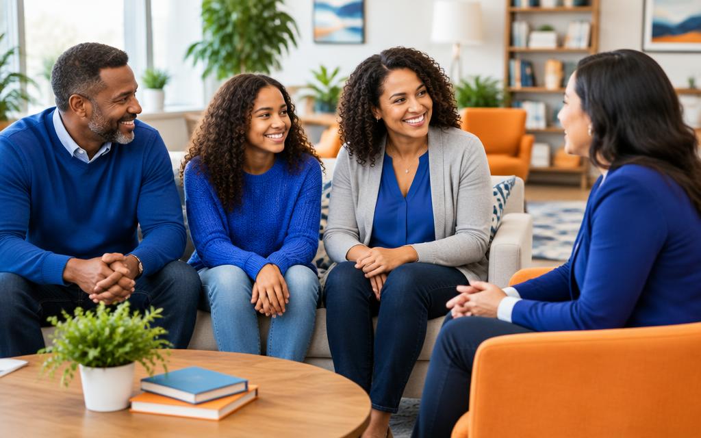 A family sharing a conversation with a community counselor