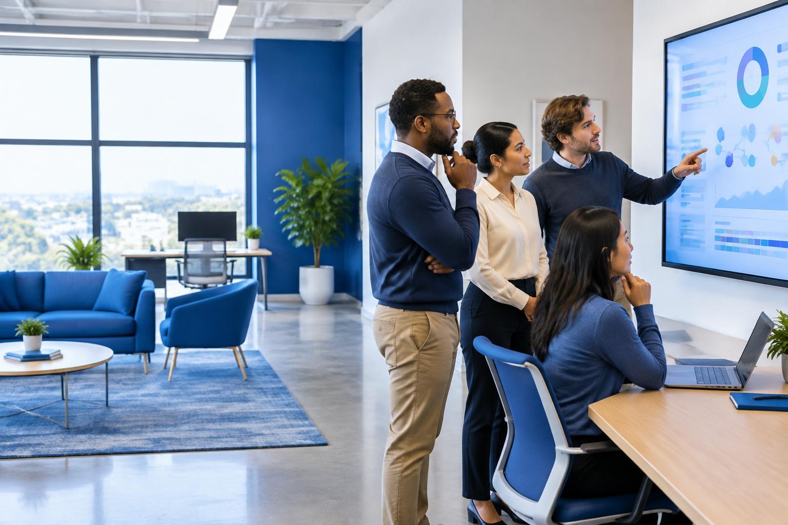 Business-casual technology and care-coordination professionals reviewing a digital workflow