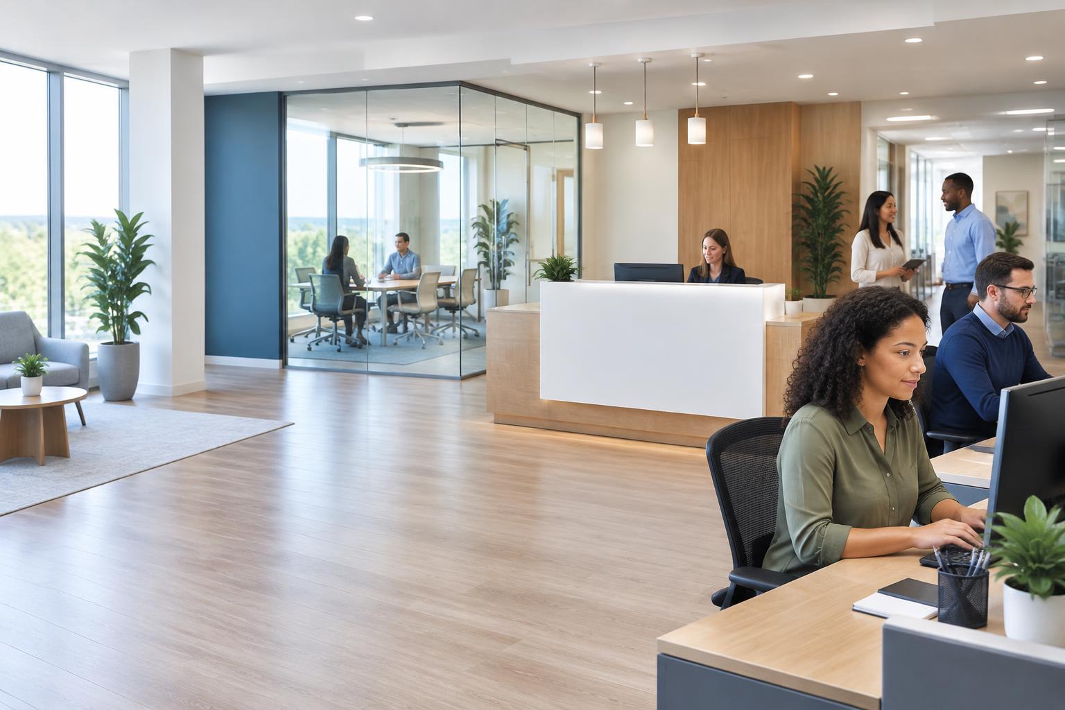 Illustration of a corporate workspace with business-casual administrative professionals